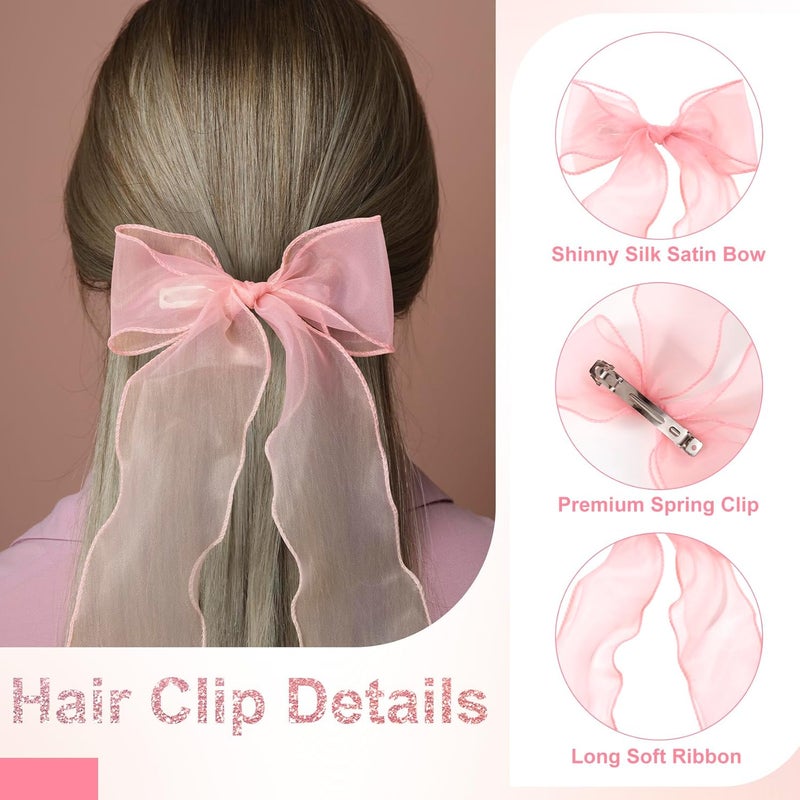 STSTR 2Pcs Large Hair Bow Clips, Pink Silk Yarn Ribbon Bow Hair Barrette for Women, Elegant Long Tail Bowknot French Hairstyles Accessories for Wedding, Parties, Festivals - Style 4 - Image 4